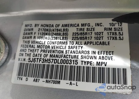 2013 Honda Crosstour Ex-L из США, поврежденный, VIN 5J6TF3H57DL000315